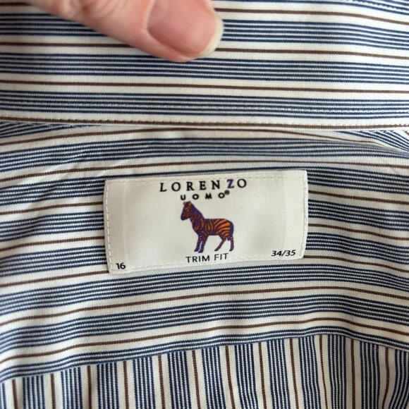 LORENZO UOMO Men's Blue White Brown Stripe Trim Fit Button Up Shirt 16 (34-35) - Picture 2 of 4